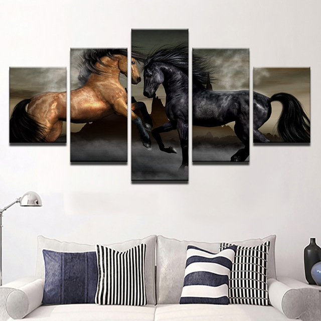 print poster wall modular picture, Modern Painting 5 Panel Animal Horse Canvas Art Home Decoration, handmade works, interior, miscellaneous goods, panel, tapestry