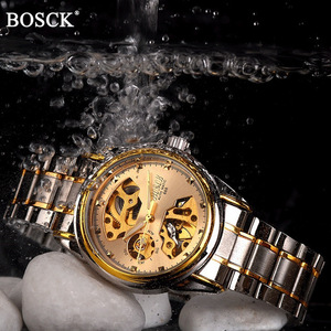  machine wristwatch men's BOSCK man skeleton Gold wristwatch automatic machine men's waterproof self volume clock stainless steel steel (1)~(3)