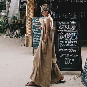 XL- beige all-in-one overall long pants overall gaucho pants linen flax wide pants 