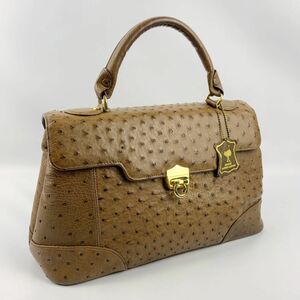 美品 genuine ostrich leather オーストリッチ hallmark of quality 本革 レザー 2way ハンドバッグ ショルダー 茶色 ブラウン@AA251