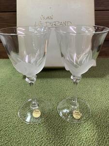 J.G.DURAND デュラン ペア ワイングラス 2客 クリスタルガラス すりガラス フランス製 花 レリーフ柄 中古品