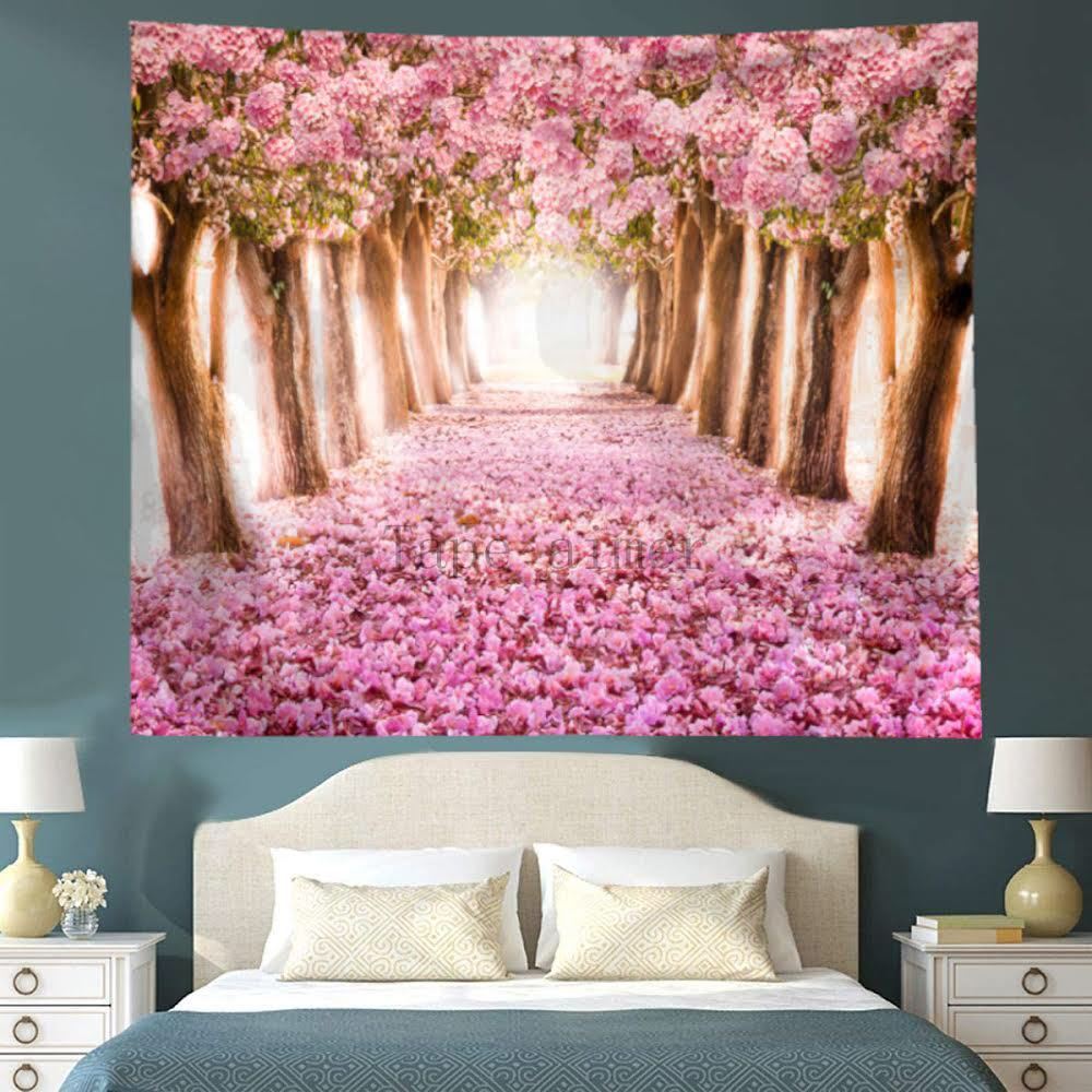 Wandteppich Hanamichi mit Metallbeschlägen, von Bäumen gesäumter rosafarbener Stoff, Renovierung A27, handgemachte Werke, Innere, verschiedene Waren, Panel, Tapisserie