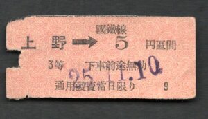 Ｓ２５　上野から國鐵線５円區間（軟券）