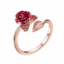 オープンリング 指輪 ゴールド 薔薇 赤 フラワー 花 レッド ローズ 葉 レディース 韓国 調整可能 フリーサイズ 大人 可愛い #C940-3_画像1