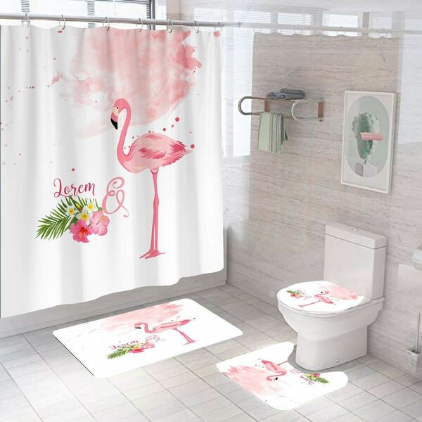 新品　シャワーカーテン　トイレカバー　浴室マットフラミンゴ　花　赤　4点セット　防カビ　撥水　雰囲気　飾り　軽量 速乾　バス用品#4