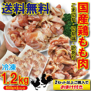 【送料無料】こま切れ　国産鶏もも肉　1.2ｋｇ（600ｇ×2パック）　冷凍　端切れ　訳あり商品