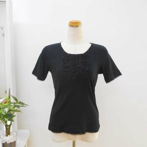 RA PASTELla pastel lady's M - L short sleeves cut and sewn T-shirt race frill rhinestone black black tops 