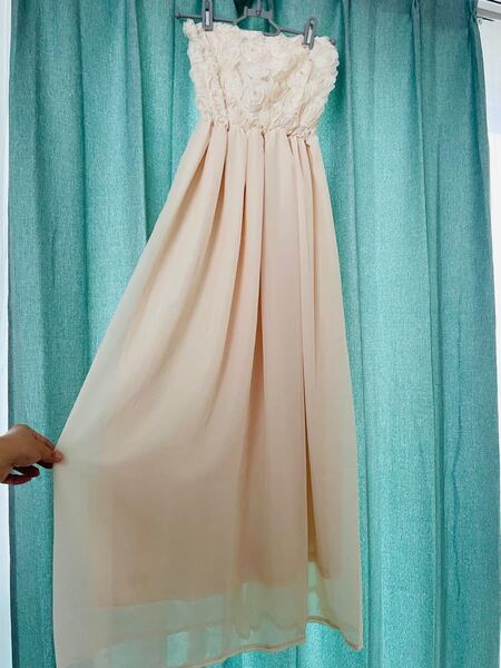 胸元立体お花デザイン シフォン生地 ロング マキシワンピース
