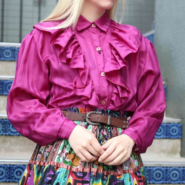 EU VINTAGE STRIPE PATTERNED FRILL DESIGN BLOUSE/ヨーロッパ古着ストライプ柄フリルデザインブラウス