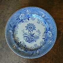 イギリスアンティーク ブルー＆ホワイト 1850年 23㎝ ディナー皿 ブルーアンドホワイト Elkin & Newbon Botanical Beauties ヴィクトリアン_画像1