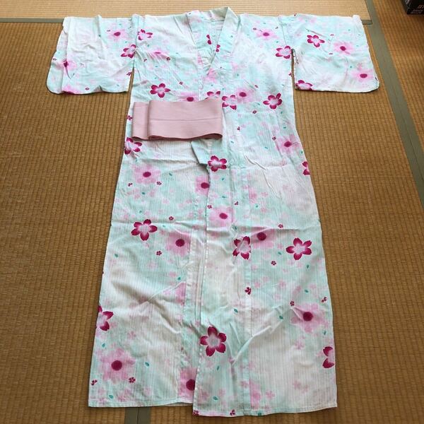 浴衣+帯 セット(淡いブルーグリーン〜白〜淡ピンク〜濃ピンク)