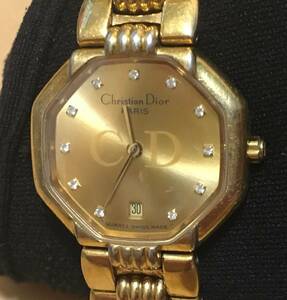 1円~Christian Dior ディオール オクタゴン 腕時計 クォーツ デイト 2針 11P ダイヤ レディース ゴールド 稼働品