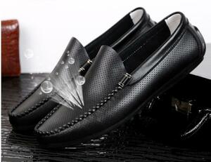 新入荷 ローファー　紳士靴　透かし彫り　メッシュ　サンダル　シューズ　カジュアル　スリッポン　ドライビングシューズ　黒　25.5cm