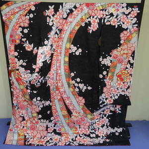  new goods * simplified * silk *.. long-sleeved kimono * black ground ... eyes floral print. 