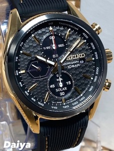 新品 SEIKO セイコー 正規品 腕時計 ソーラー アナログ腕時計 10気圧防水 クロノグラフ ラバーベルト ブラック ゴールド プレゼント メンズ