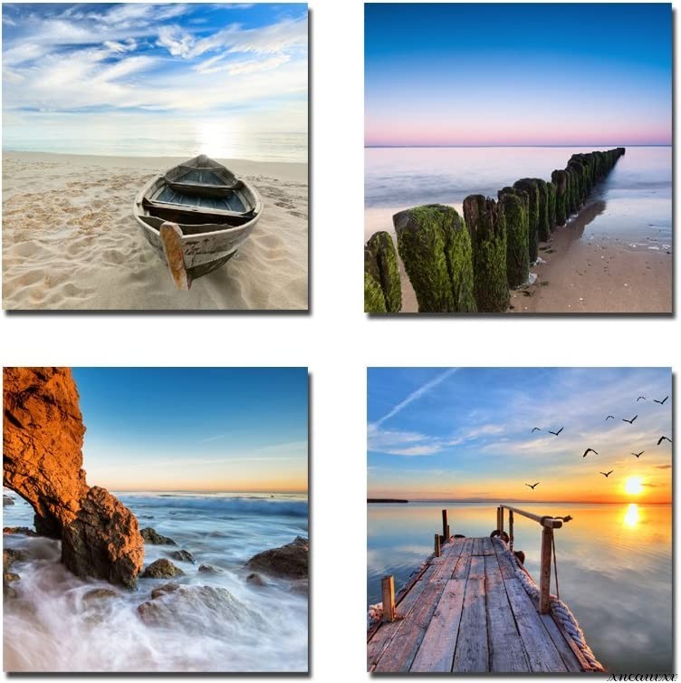 Set of 4 Art Panels Sea View Sandy Beach Sunset Interior Wall Hanging Room Decoration Decorative Painting Canvas Painting Stylish Art Appreciation Art Fine Art, artwork, painting, graphic