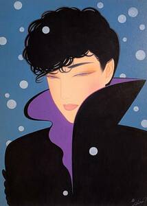 鶴田一郎、【黒いコート】、希少な額装用画集より、新品額装付、状態良好、送料込み