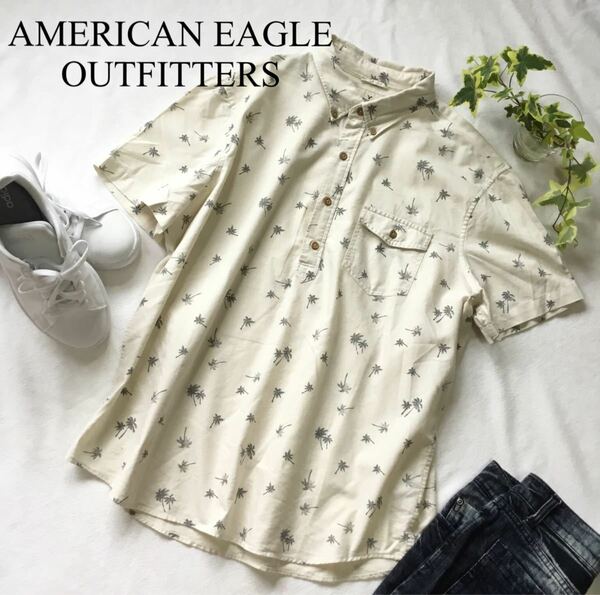 AMERICAN EAGLE OUTFITTERS ヤシの木 プリント ビッグ ハーフ ボタン ポロシャツ 大きい XL 古着