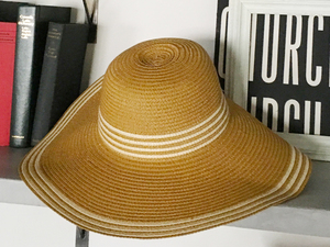 女優帽 帽子 ツバ広帽子 ハット 旅行用帽子 麦わら帽 テンガロンハット 紫外線対策 ストライプ ブラウン OF102