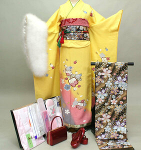  long-sleeved kimono kimono full set silk 100 flower .. small articles till 20 point complete set all ..20 point complete set ( stock ) cheap rice field shop [ rental ]R112