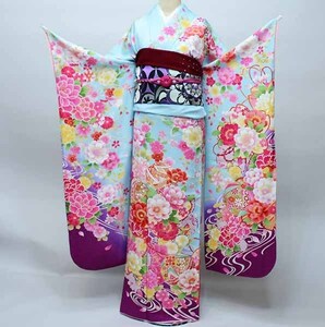 振袖 正絹 着物 単品 仕立て上がり 百花繚乱 ラメ入り まり 牡丹に桜 流水 水色 紫ぼかし 新品 (株) 安田屋 NO35980