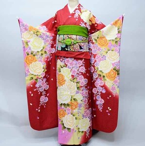 振袖 正絹 着物 単品 仕立て上がり 百花繚乱 ラメ入り バラ刺繍 桜 エンジに近い赤 ピンクぼかし 新品 (株) 安田屋 NO35965