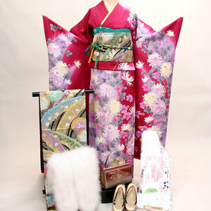  long-sleeved kimono kimono full set silk 100 flower .. small articles till 20 point complete set all ..7 days rental coming-of-age ceremony ( stock ) cheap rice field shop [ rental ]R69