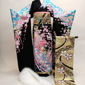  long-sleeved kimono silk kimono full set 100 flower .. small articles till 20 point complete set all ..7 days rental coming-of-age ceremony ( stock ) cheap rice field shop [ rental ] R80