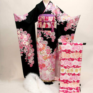  long-sleeved kimono kimono full set silk 100 flower .. small articles till all ..20 point complete set 7 days rental ( stock ) cheap rice field shop [ rental ] R53