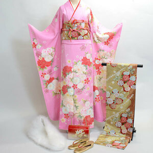  long-sleeved kimono kimono full set silk 100 flower .. small articles till all ..20 point complete set 7 days rental ( stock ) cheap rice field shop [ rental ]R186