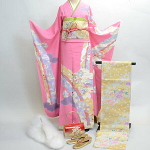  long-sleeved kimono kimono full set silk 100 flower .. small articles till 20 point complete set all ..7 days rental ( stock ) cheap rice field shop [ rental ]R184