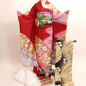  long-sleeved kimono kimono full set silk 100 flower .. small articles till 20 point complete set all ..7 days rental ( stock ) cheap rice field shop [ rental ]R35