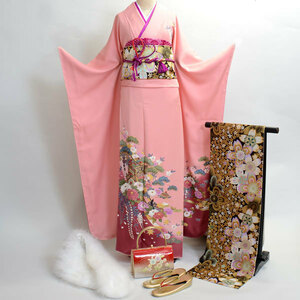  long-sleeved kimono kimono full set silk 100 flower .. small articles till all ..20 point complete set 7 days rental ( stock ) cheap rice field shop [ rental ]R187