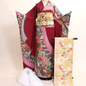  long-sleeved kimono kimono full set silk 100 flower .. small articles till 20 point complete set all ..7 days rental ( stock ) cheap rice field shop [ rental ]R20