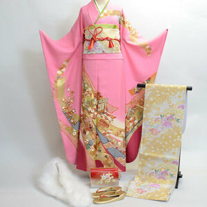  long-sleeved kimono kimono full set silk 100 flower .. small articles till 20 point complete set all ..7 days rental ( stock ) cheap rice field shop [ rental ]R189