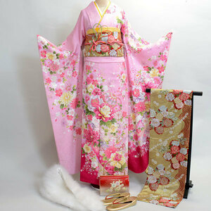  long-sleeved kimono kimono full set silk 100 flower ..7 days rental small articles till all ..20 point complete set ( stock ) cheap rice field shop [ rental ]R118