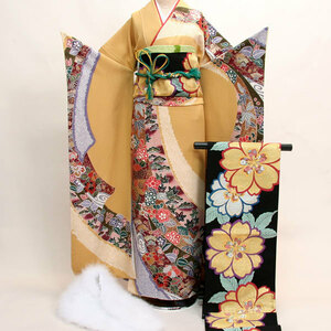  long-sleeved kimono kimono full set silk 100 flower .. small articles till all ..20 point complete set 7 days rental ( stock ) cheap rice field shop [ rental ]R141