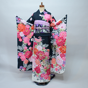  long-sleeved kimono silk kimono single goods brand new 100 flower .. rose butterfly rose . embroidery lame go in black ground coming-of-age ceremony betrothal present wedding new goods ( stock ) cheap rice field shop NO35553