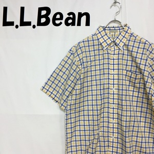 【人気】L.L.Bean/エルエルビーン チェック柄 半袖 ボタンダウンシャツ Yシャツ 綿100％ ブルー×イエロー サイズM-REG/S4734