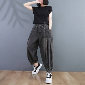 I445* new goods spring lady's pants sagya The - waist rubber easy large size Denim sarouel pants M-2XL black 