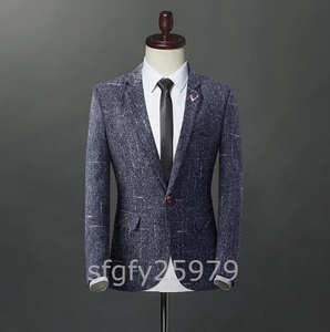 A508☆新品テーラードジャケット メンズブレザー ビジネスジャケット チェックジャケット細身 一つボタン 美品 青色 XL上質
