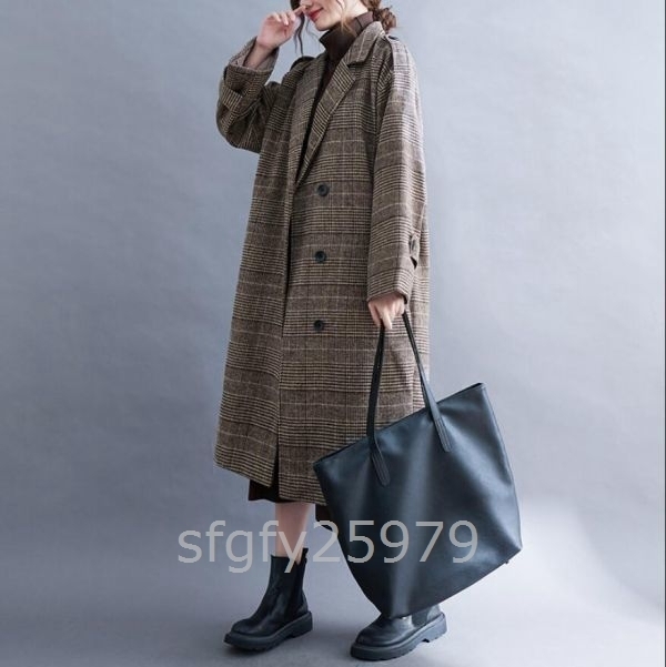 C036☆ 大きいサイズ長袖 スーツ風チェック柄ラシャロングコート厚地暖かいゆっ