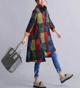 C071*M~2XL size autumn winter new goods casual pretty adult long sleeve tunic One-piece check pattern 304050 fee thick cloth easy large size blue 