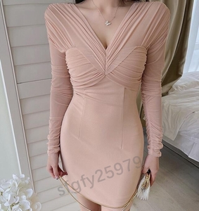 G093☆新品レディースワンピース お呼ばれdress 大人sexy 美尻美胸美脚　ミニワンピ 長袖 ピンク