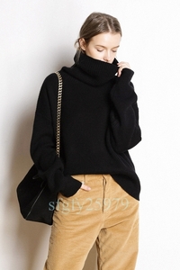 B672* new goods mink cashmere wonderful ta-toru neck thick simple sweater black L