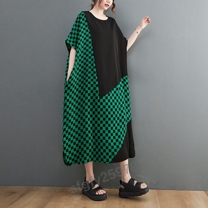 I360☆新品春夏 カジュアル 切り替え 体型カバー ゆったり大きいサイズ 4Ｌ5Ｌ相当半袖 ロングワンピース緑