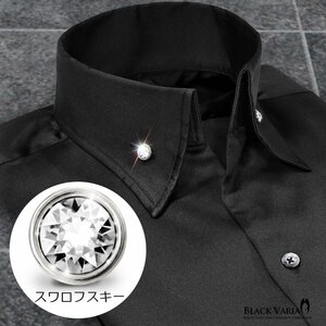 201354-bkS BLACK VARIA 無地 パウダーサテン スキッパー スワロフスキーBDドレスシャツ スリム メンズ(クリスタル釦 ブラック黒) XL 細身