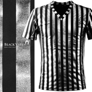 9#163919-sif BLACK VARIA ロンドンストライプ 縦縞 箔 光沢 Vネック 半袖VネックTシャツ メンズ(太シルバー銀ブラック黒) M ダンス 衣装