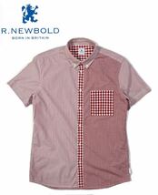 美品!!R.NEWBOLD Paul Smith*ストライプ＆ギンガムチェック/半袖ボタンダウンシャツ M白×赤R.ニューボールド クレイジーパターン送料370円_画像1