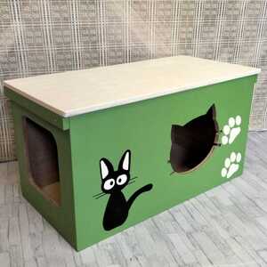 《受注生産C12》蓋付き キャットハウス アイボリー 肉球 リンゴ箱 外猫 猫カフェ